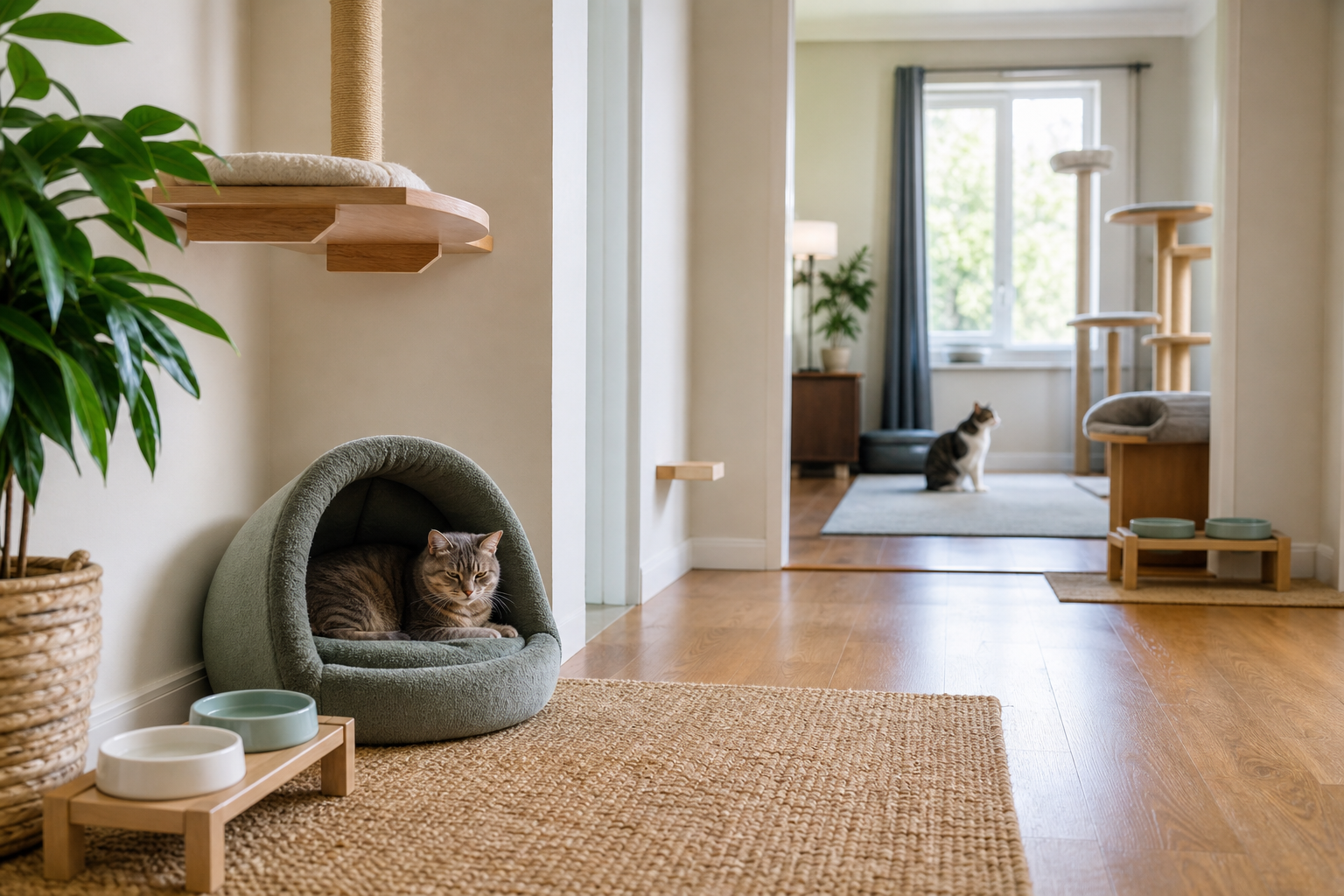 A calm tabby cat rests in a covered bed with food and water nearby while another cat sits at a distance in a separate room.