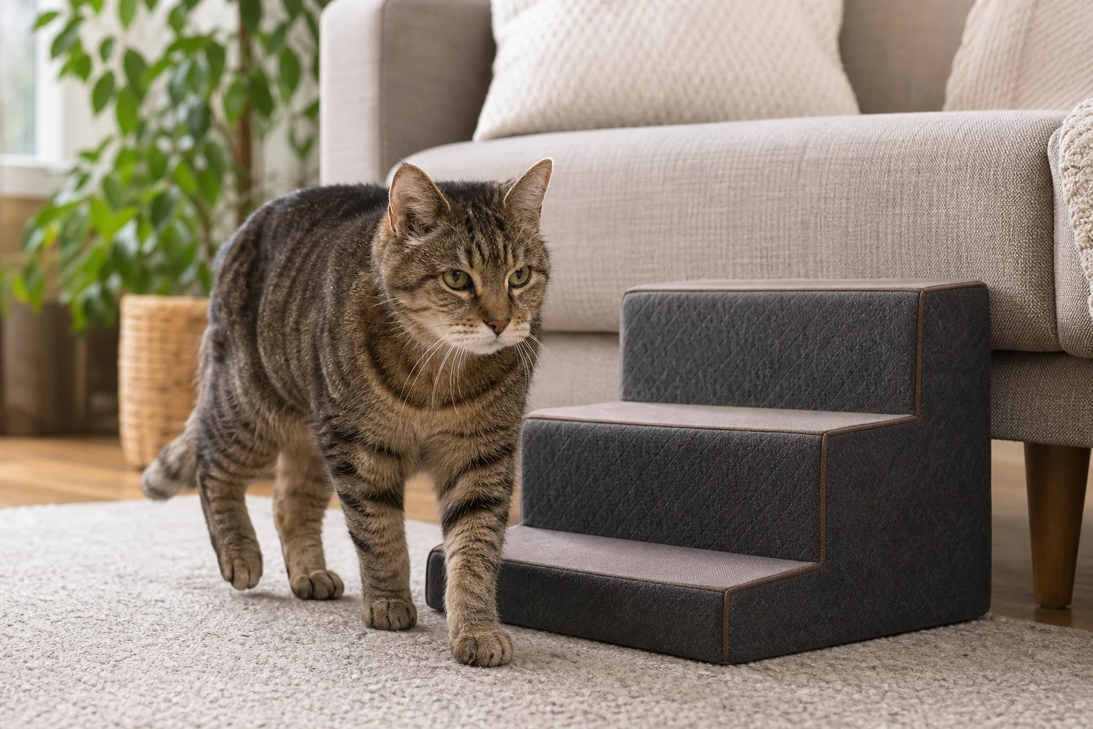 Older tabby cat walking beside soft pet steps in a calm living room.