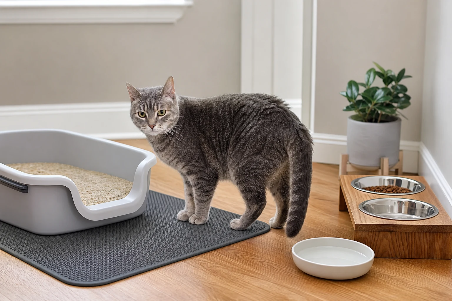 Older gray cat standing near a low-entry litter box, non-slip mat, water dish, and raised feeding station.