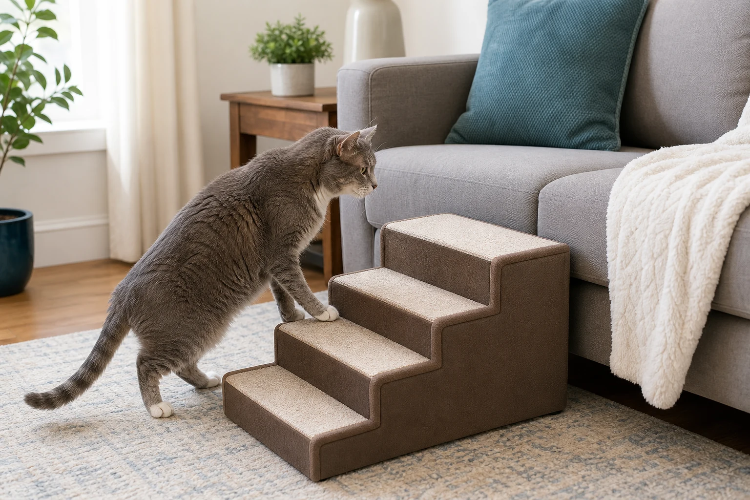 Senior gray cat using padded pet steps to reach a sofa instead of jumping.