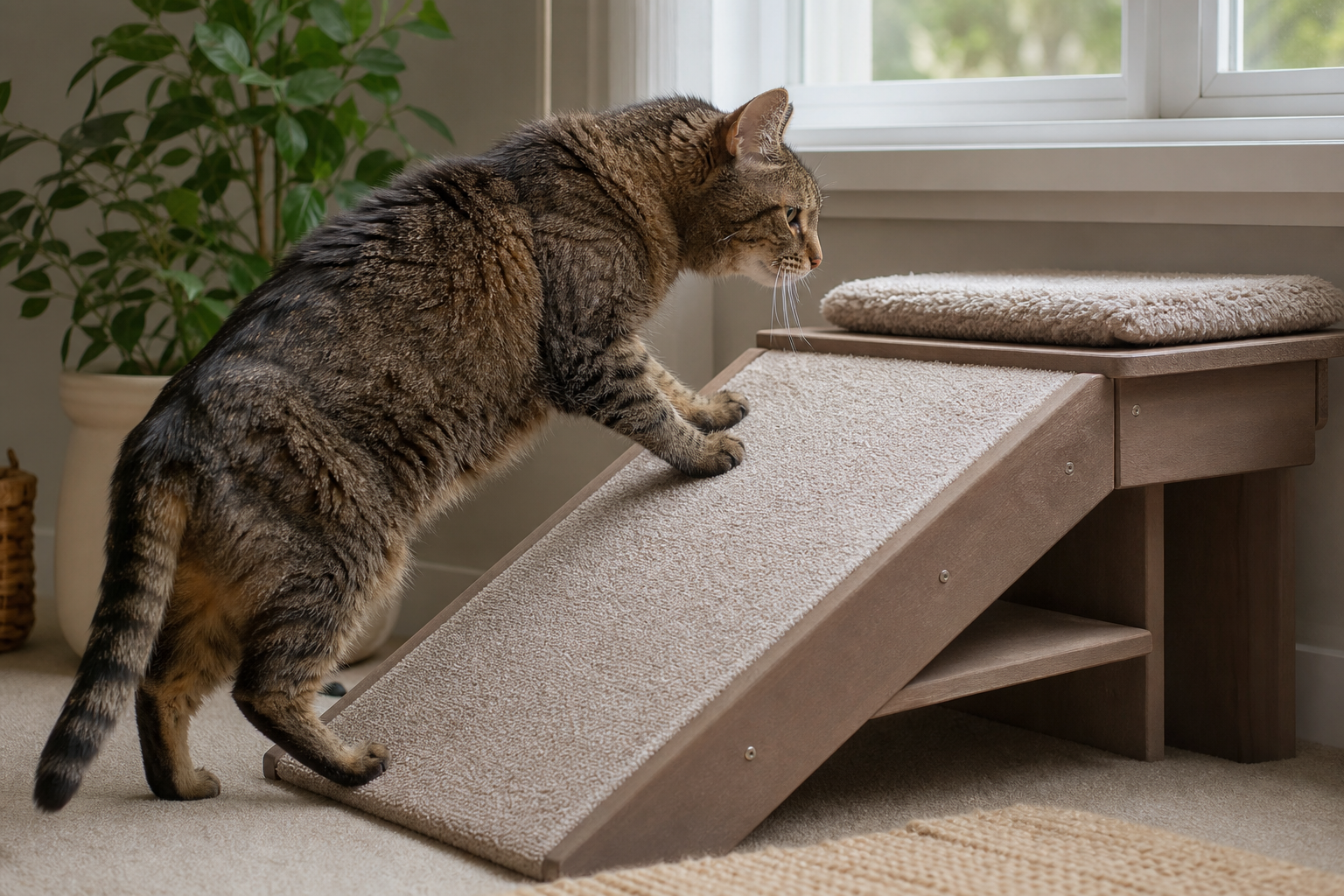 Mature tabby cat using a carpeted ramp to reach a low window perch with a soft resting mat.