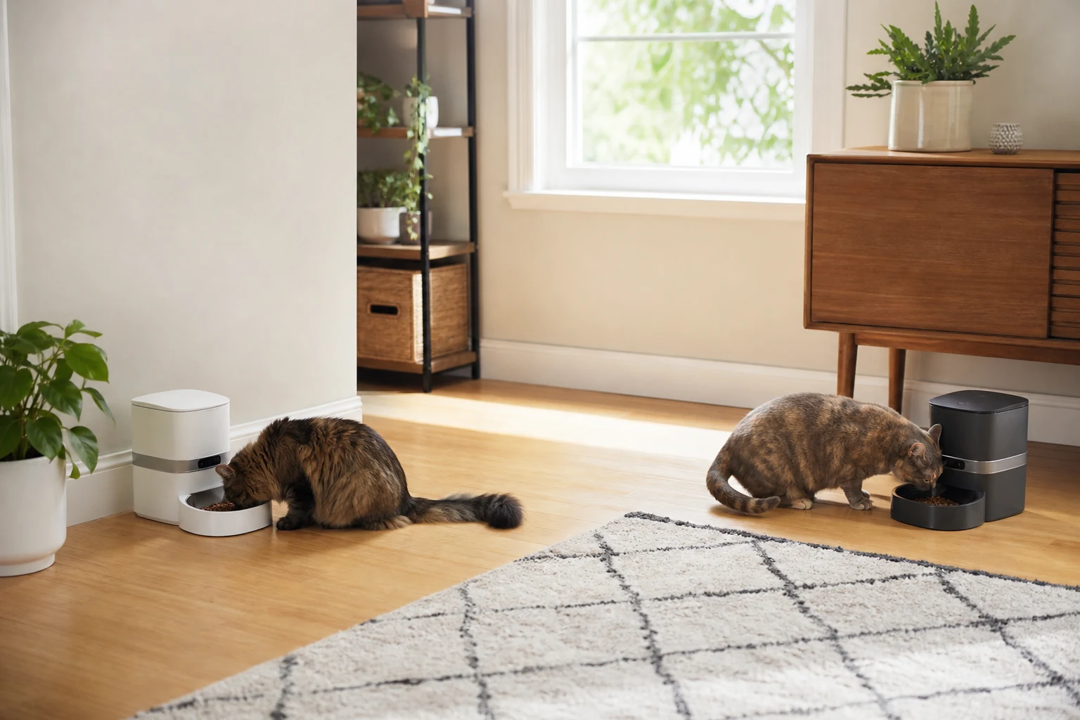 Two cats eating calmly from separate timed feeders placed several feet apart in a bright room.