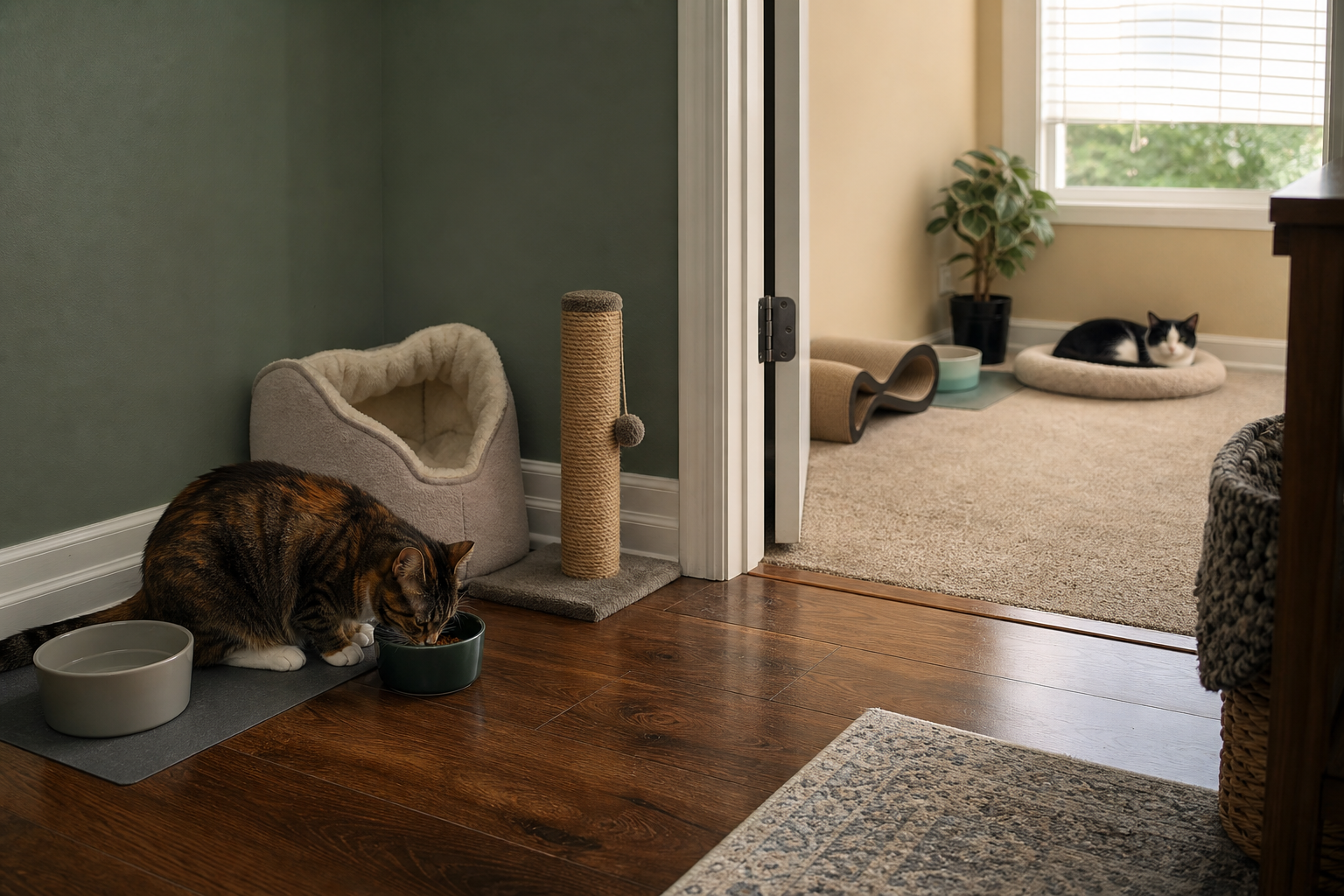 Two calm cats use separate resource areas in different rooms with their own bowls, beds, and scratchers.