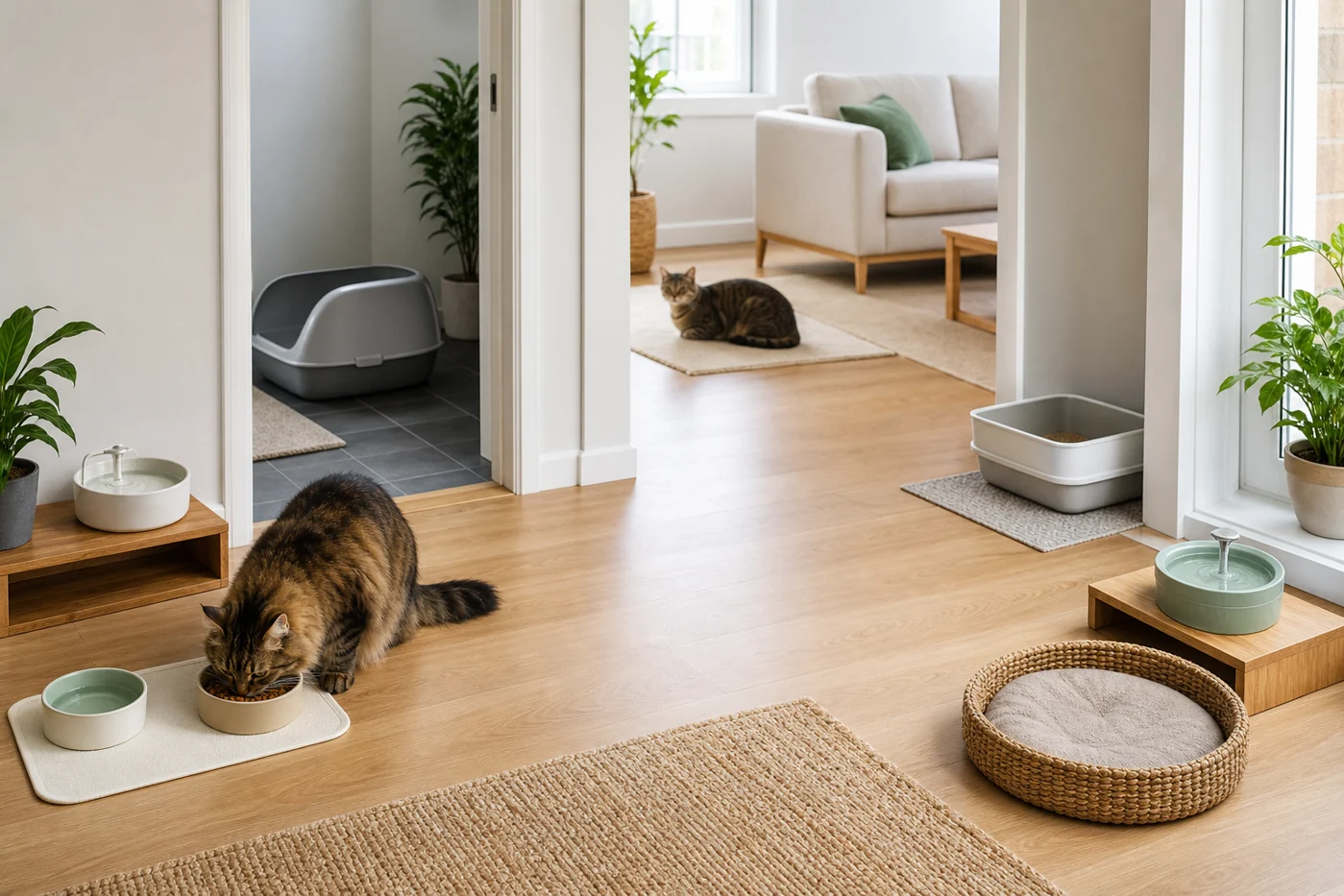 A multi-cat home with food, water, litter, and resting spots placed in separate areas so one cat cannot block everything.