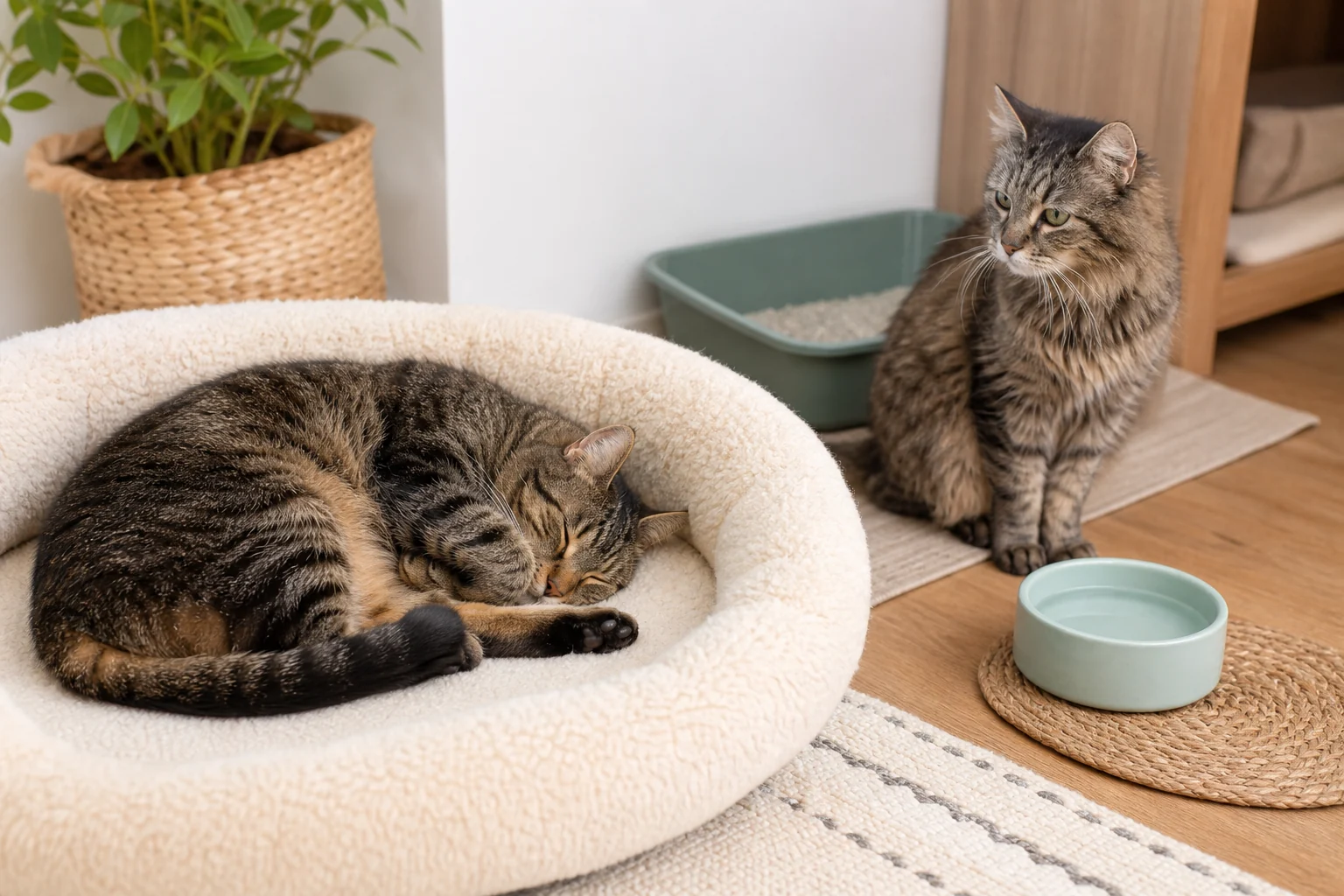 One cat sleeping loosely in a bed while another older cat sits near water and a litter box path.