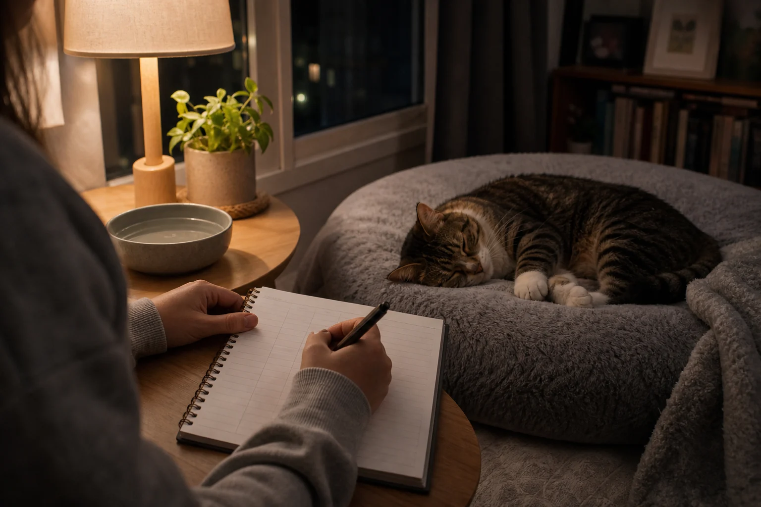 Cat parent writing a quiet nighttime behavior log beside a relaxed sleeping cat.