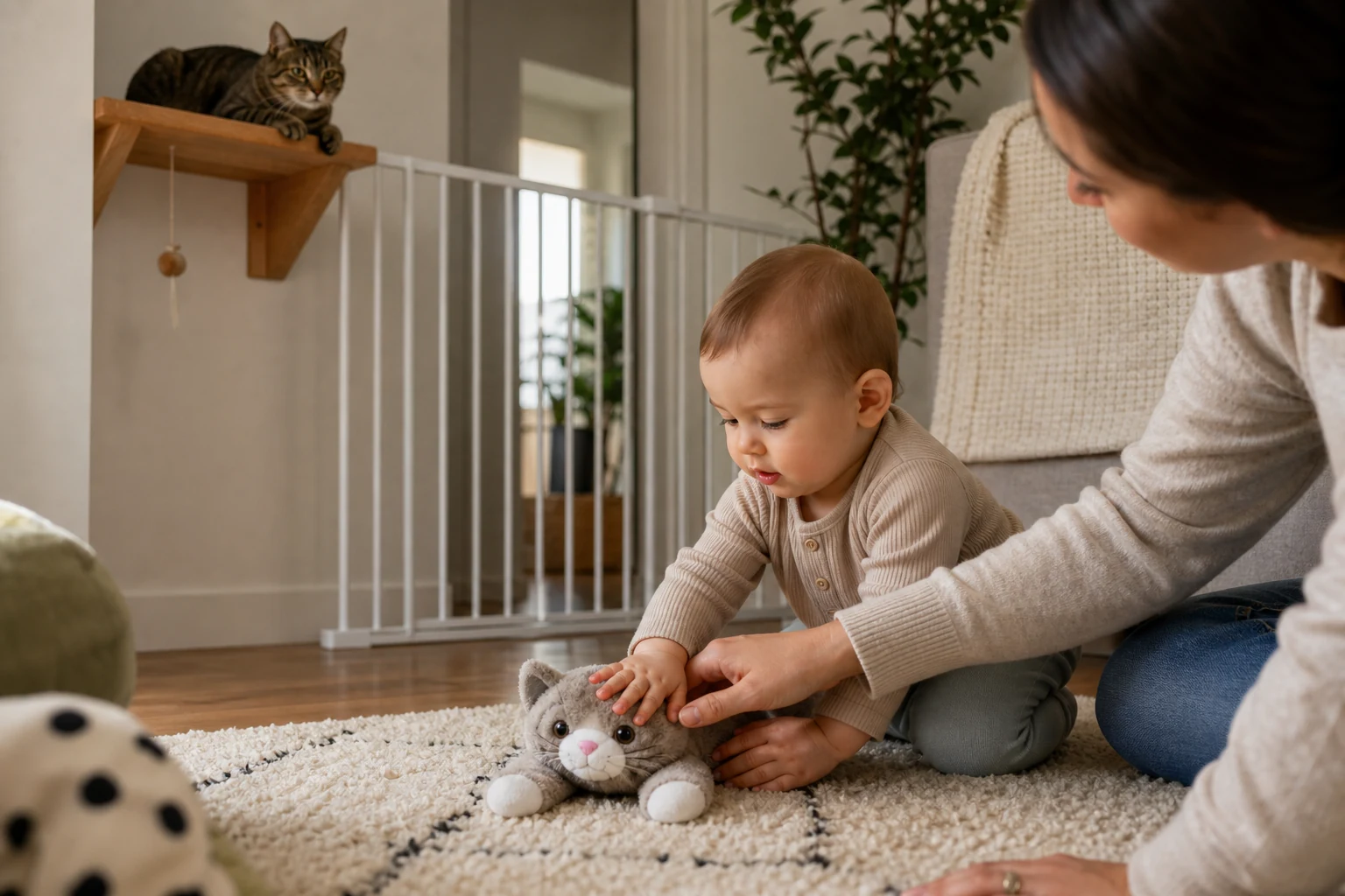 A parent guides a crawling baby's hand on a plush toy while a relaxed cat watches from behind a baby gate.