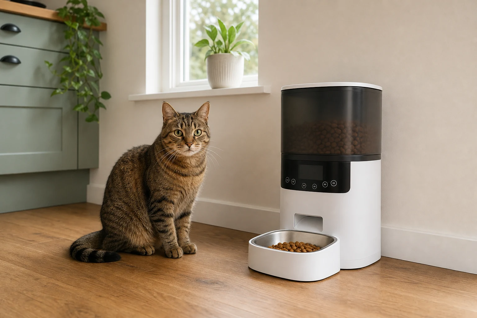 Tabby cat sitting beside a clean automatic timed feeder with a measured dry food portion in the bowl.