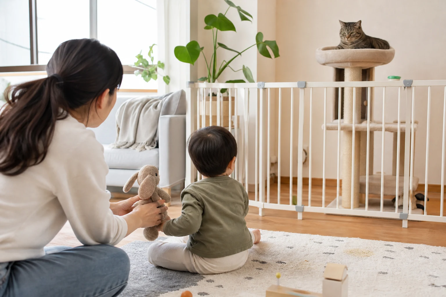 A relaxed tabby cat rests on a cat tree behind a baby gate while a parent redirects a toddler with a soft toy.