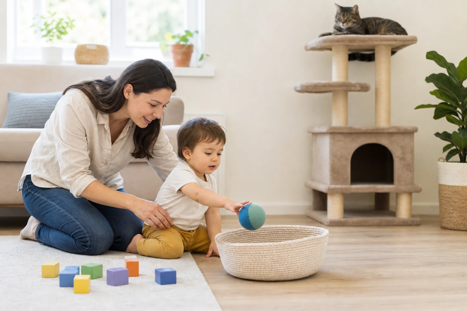 A parent helps a toddler roll a soft ball into a basket while a calm cat watches from a high cat tree.