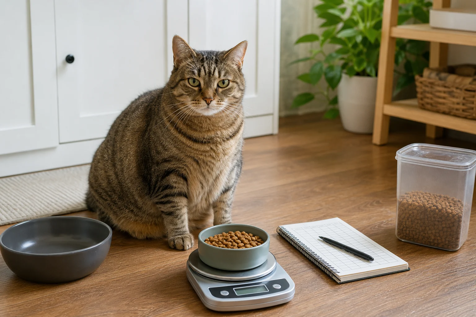 Slightly overweight indoor tabby cat beside a measured dry food portion, kitchen scale, feeding log, and empty free-feeding bowl.