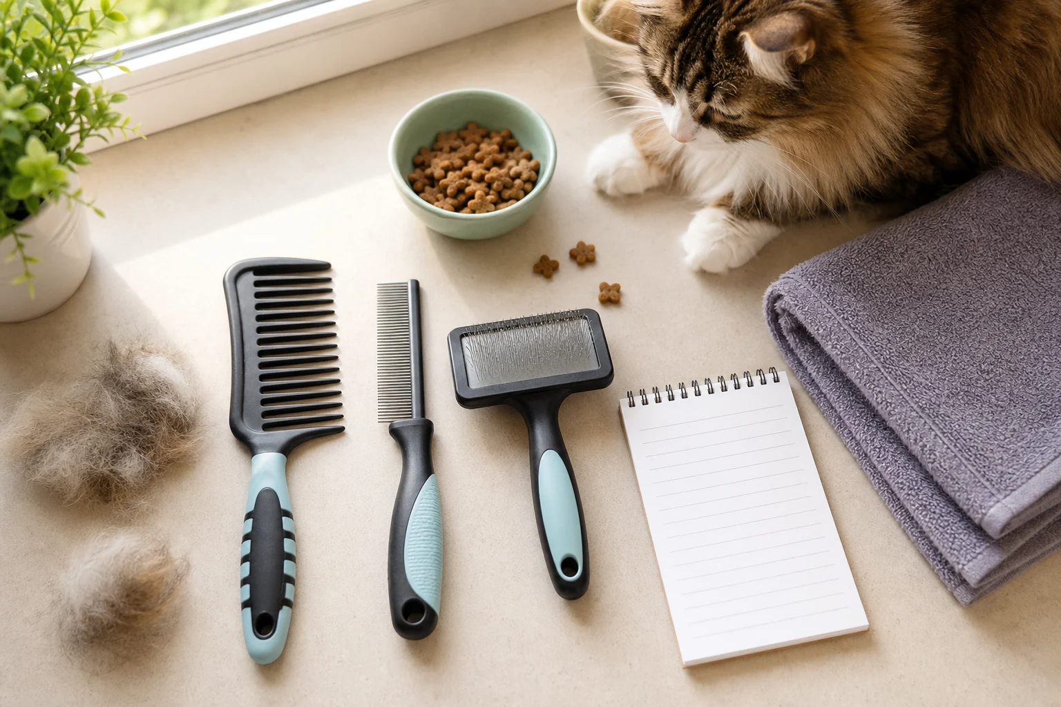 A longhaired-cat grooming setup with combs, slicker brush, towel, treats, and checklist pad.