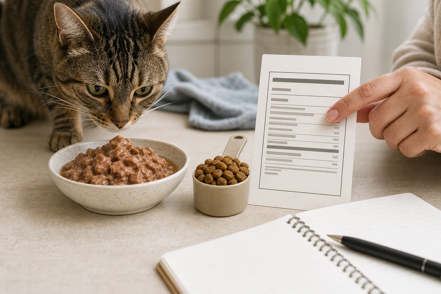 Wet cat food, kibble, and a simplified label used to compare carbohydrate awareness.