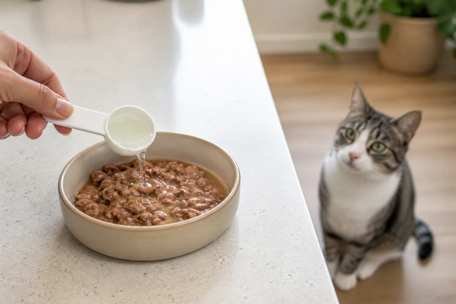A spoonful of plain water being added to wet cat food while a calm cat waits nearby.