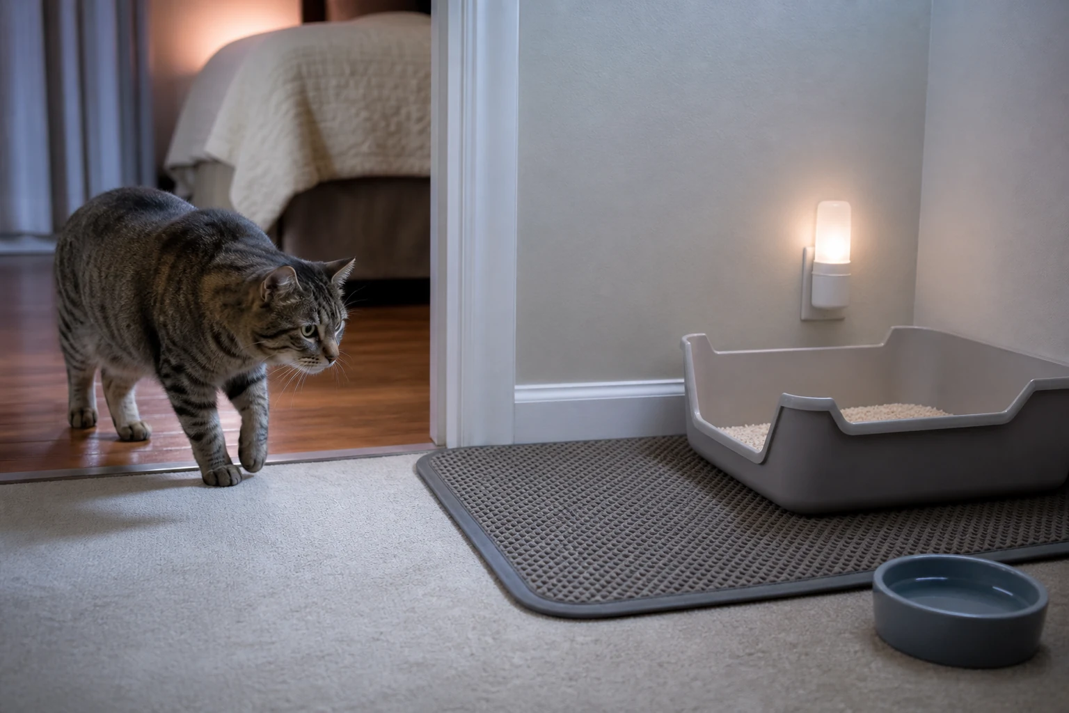 An older tabby cat approaches a backup low-entry litter box near a night light with a clear doorway path and non-slip mat.