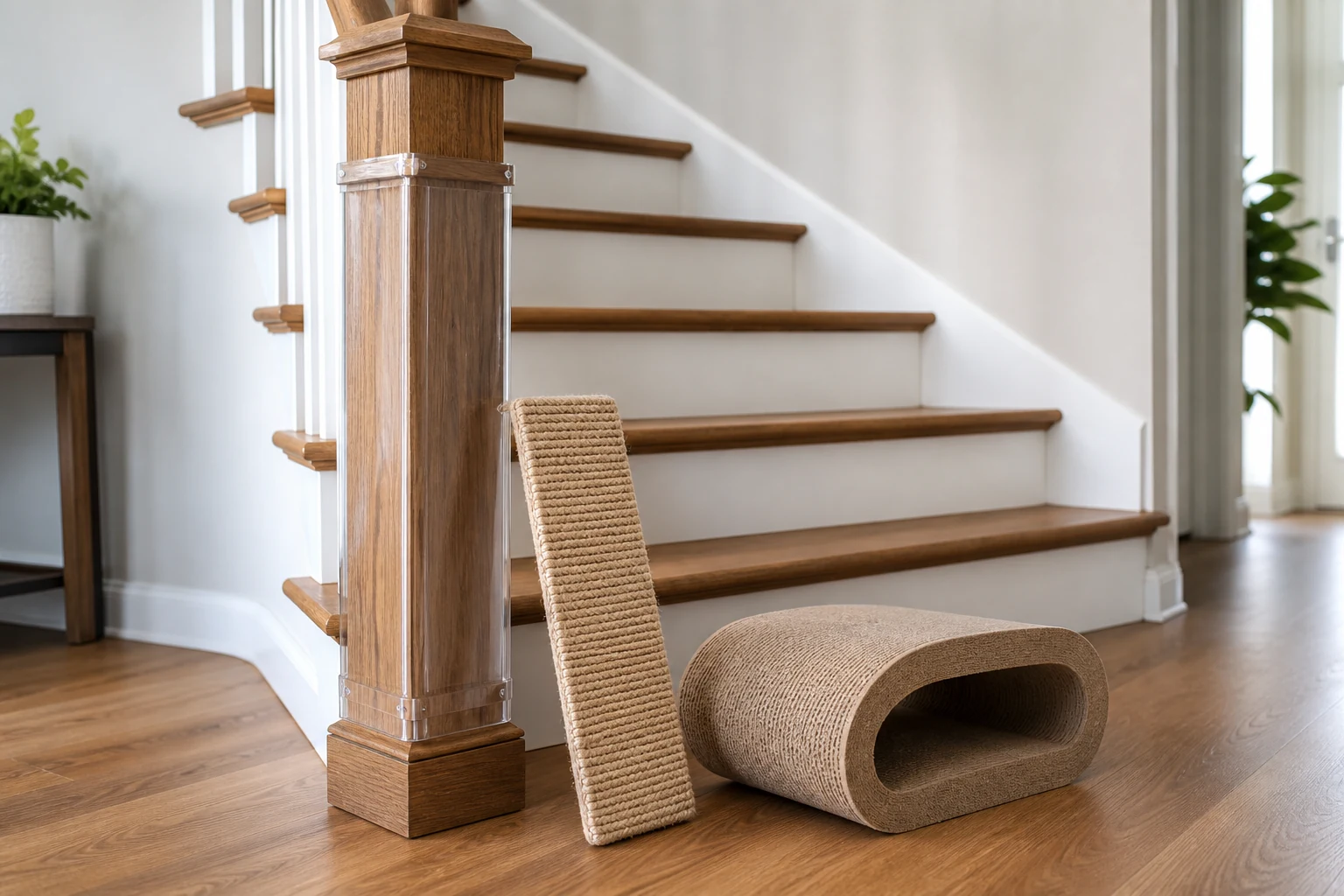 A wooden stair newel post protected with a clear removable cover beside sisal and cardboard scratching options on the landing.