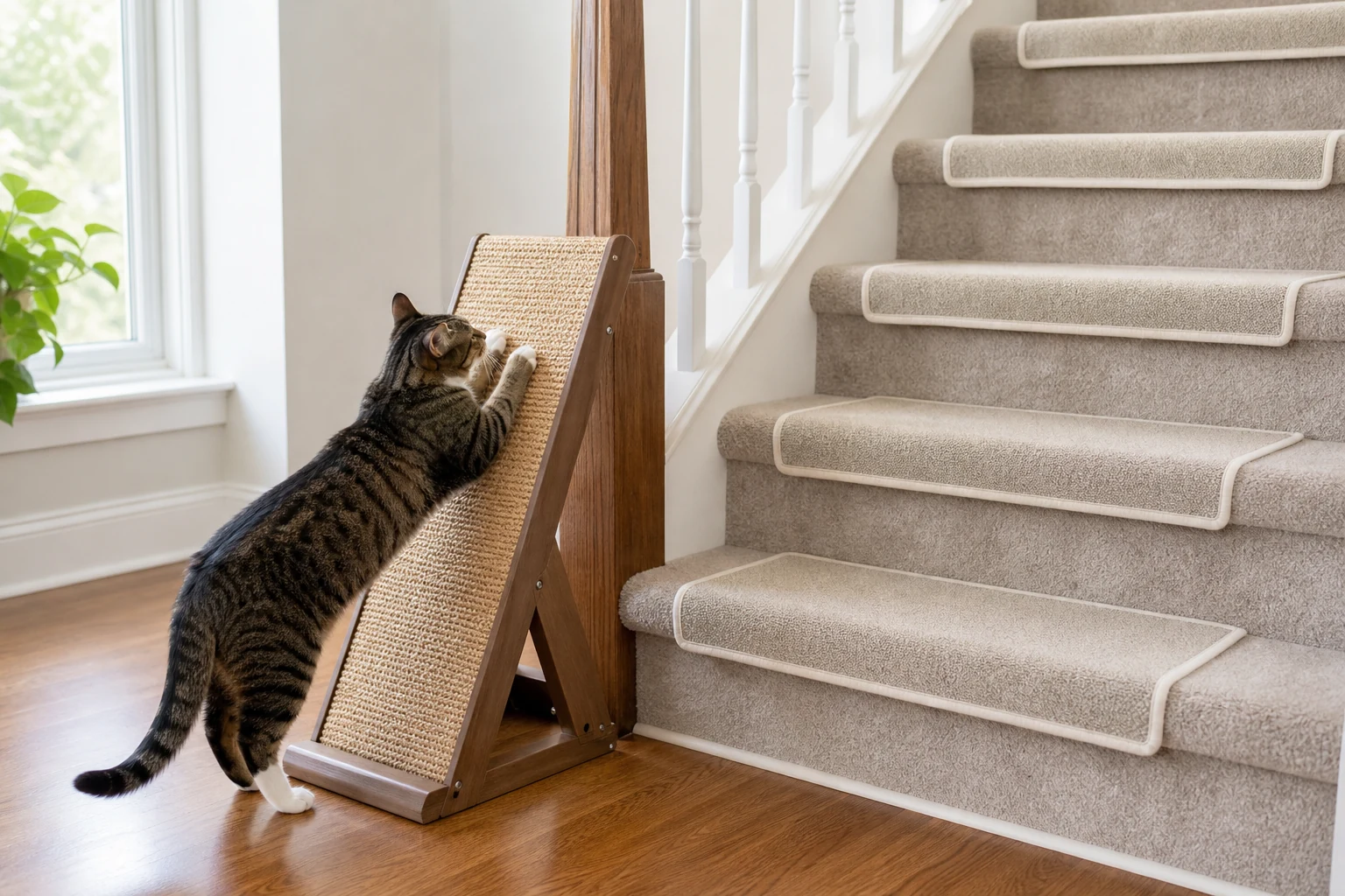 A tabby cat scratches a sturdy sisal ramp beside carpeted stairs protected with fitted stair tread covers.