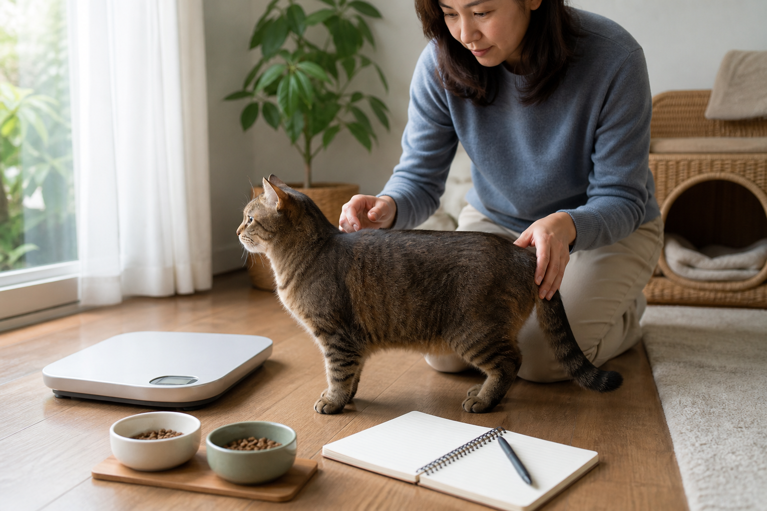 Cat parent gently checking an adult cat's body shape near a pet scale, feeding notebook, and two small measured meal bowls.