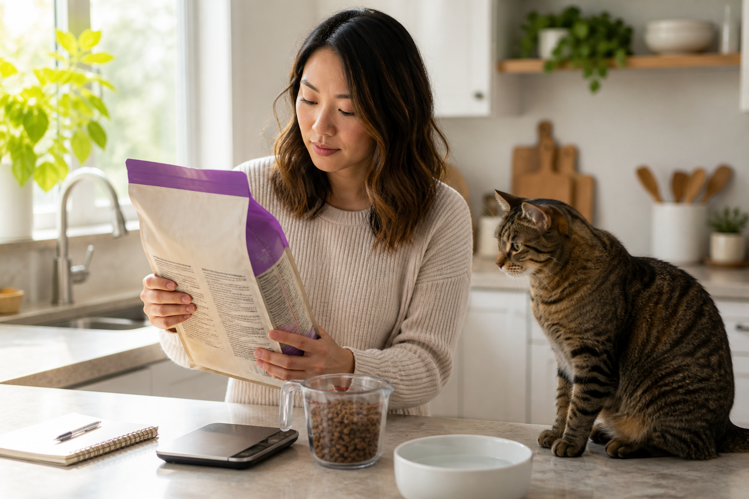 Cat parent reading generic cat food feeding directions beside a kitchen scale, measuring cup, water bowl, and calm tabby cat.