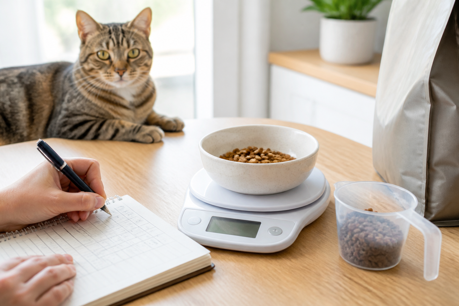 Measured cat food bowl on a kitchen scale with a feeding log, measuring cup, plain food bag, and calm cat nearby.