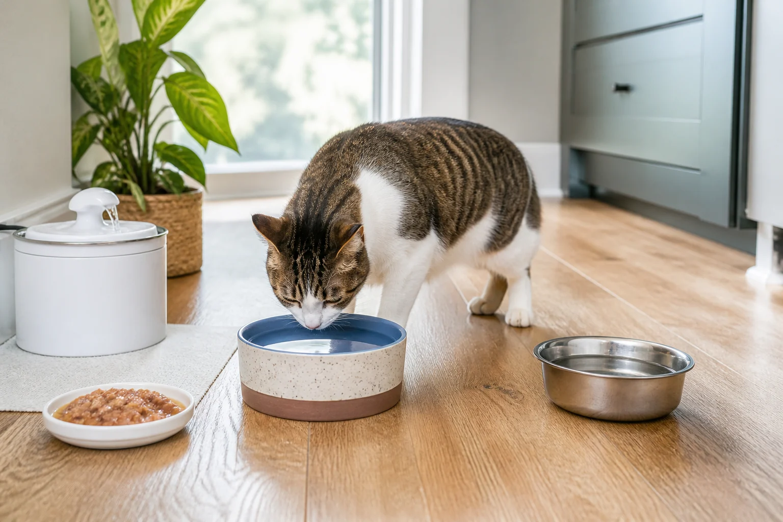 A relaxed tabby-and-white cat drinking from a ceramic water bowl beside a pet fountain, stainless water bowl, and wet food dish.
