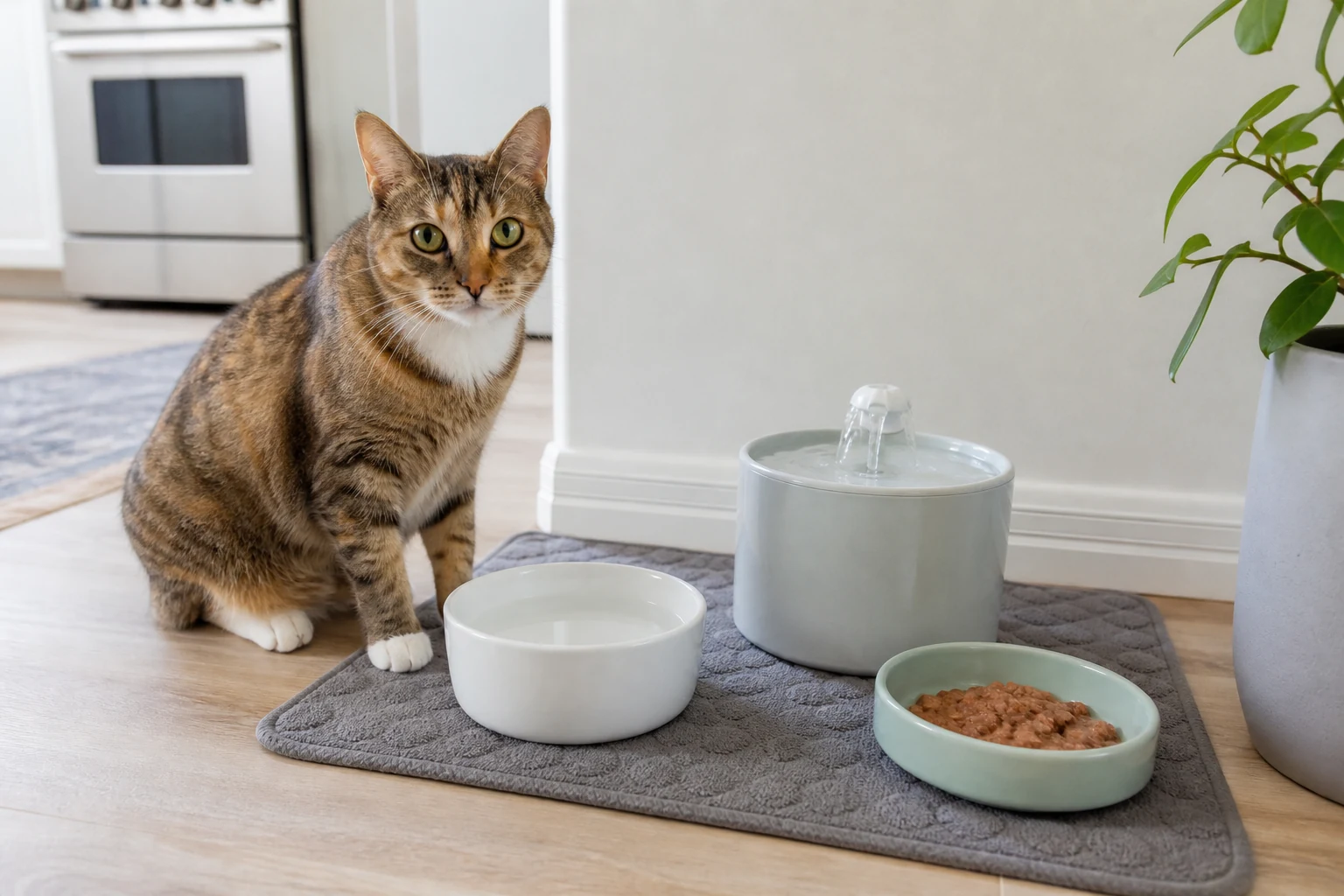 A calm tabby cat beside a clean water bowl, pet fountain, and wet food dish in a quiet home feeding area.