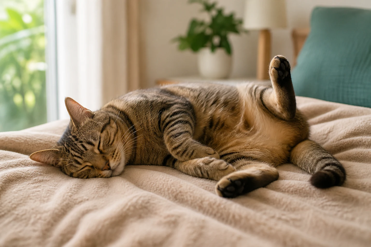 Relaxed tabby cat asleep on a soft blanket with one rear paw raised as if gently kicking during sleep.
