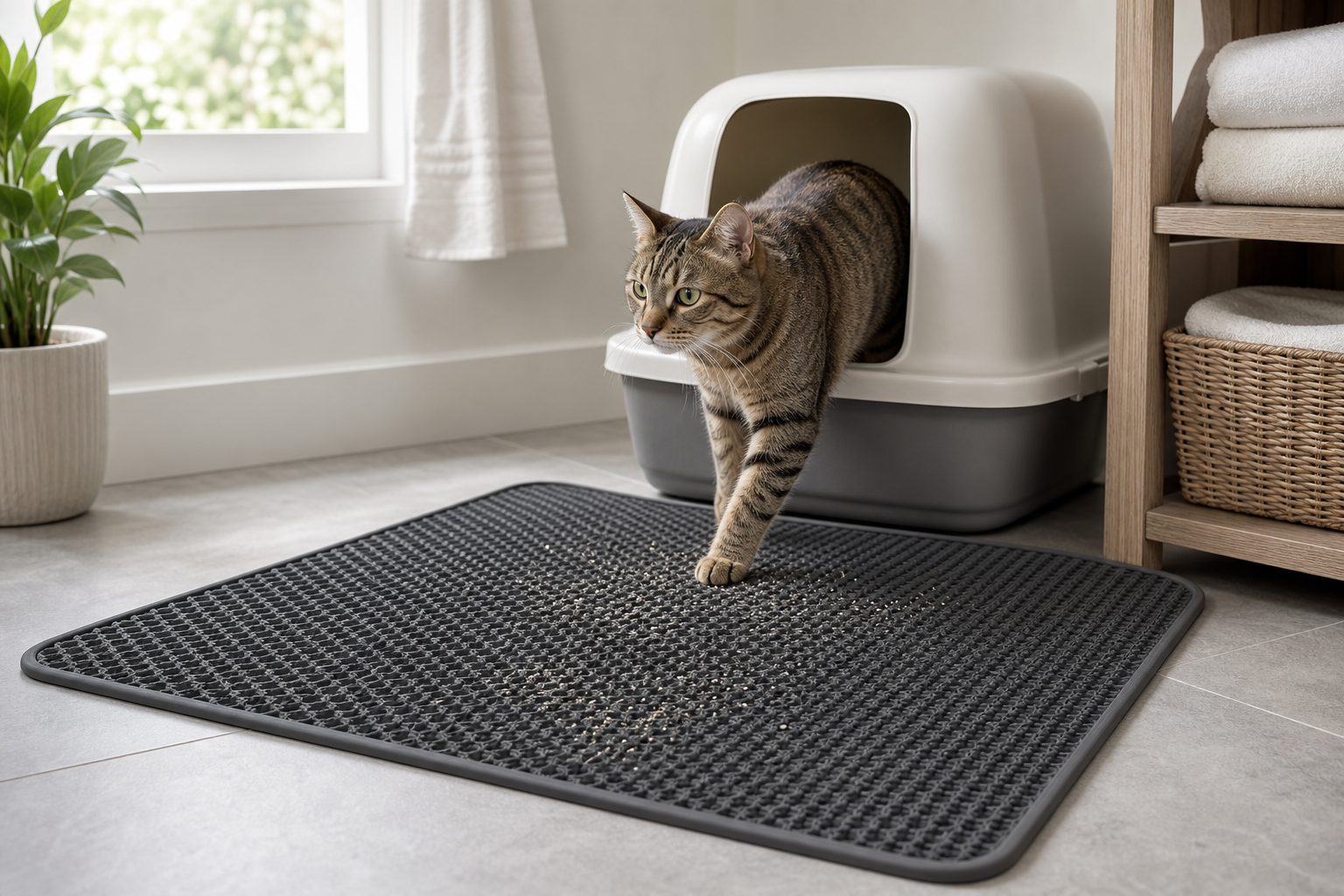 A tabby cat steps out of a covered litter box onto a large textured litter mat that catches clean litter granules.