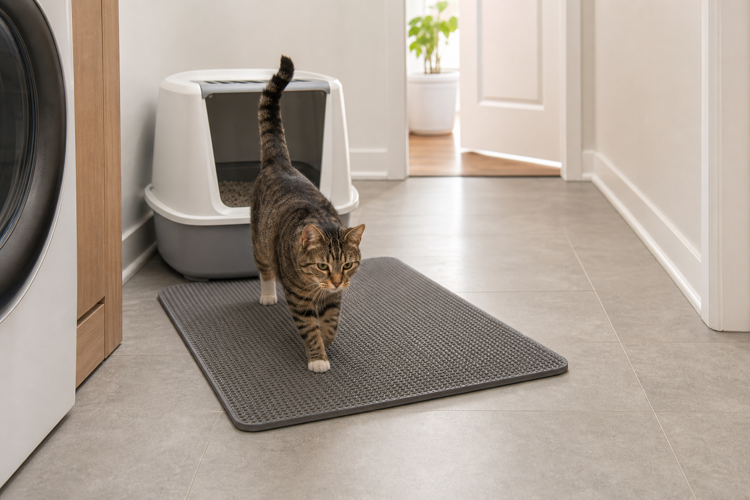 A cat walking from a litter box across a low-profile mat in a clear household path.