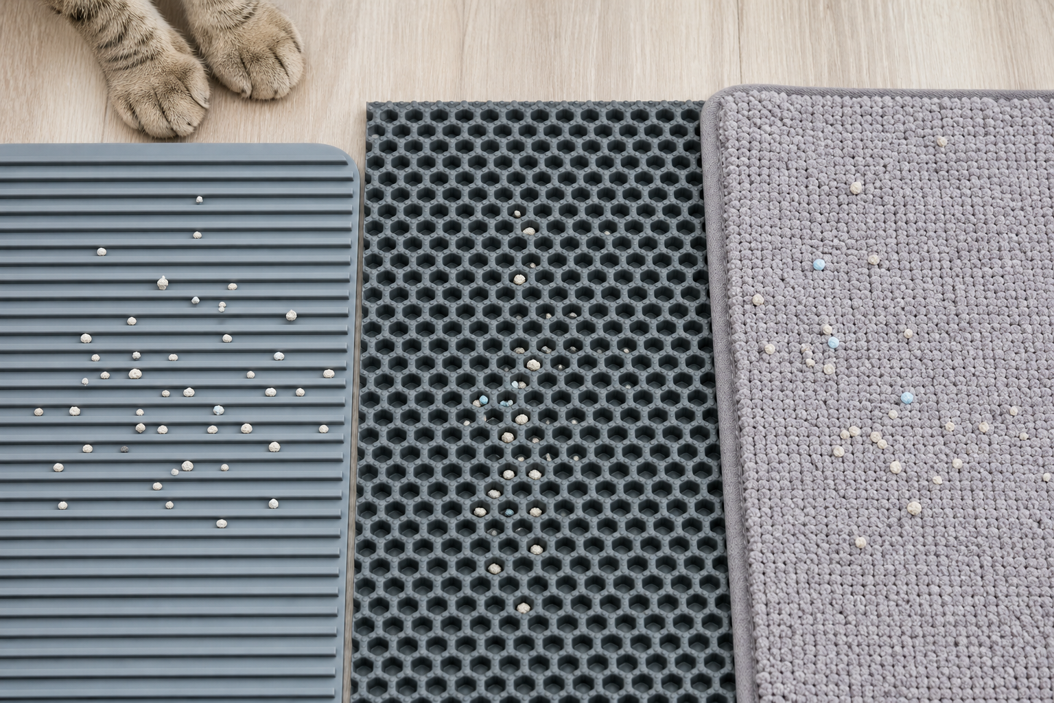 Three cat litter mat textures with clean litter granules and cat paws nearby.