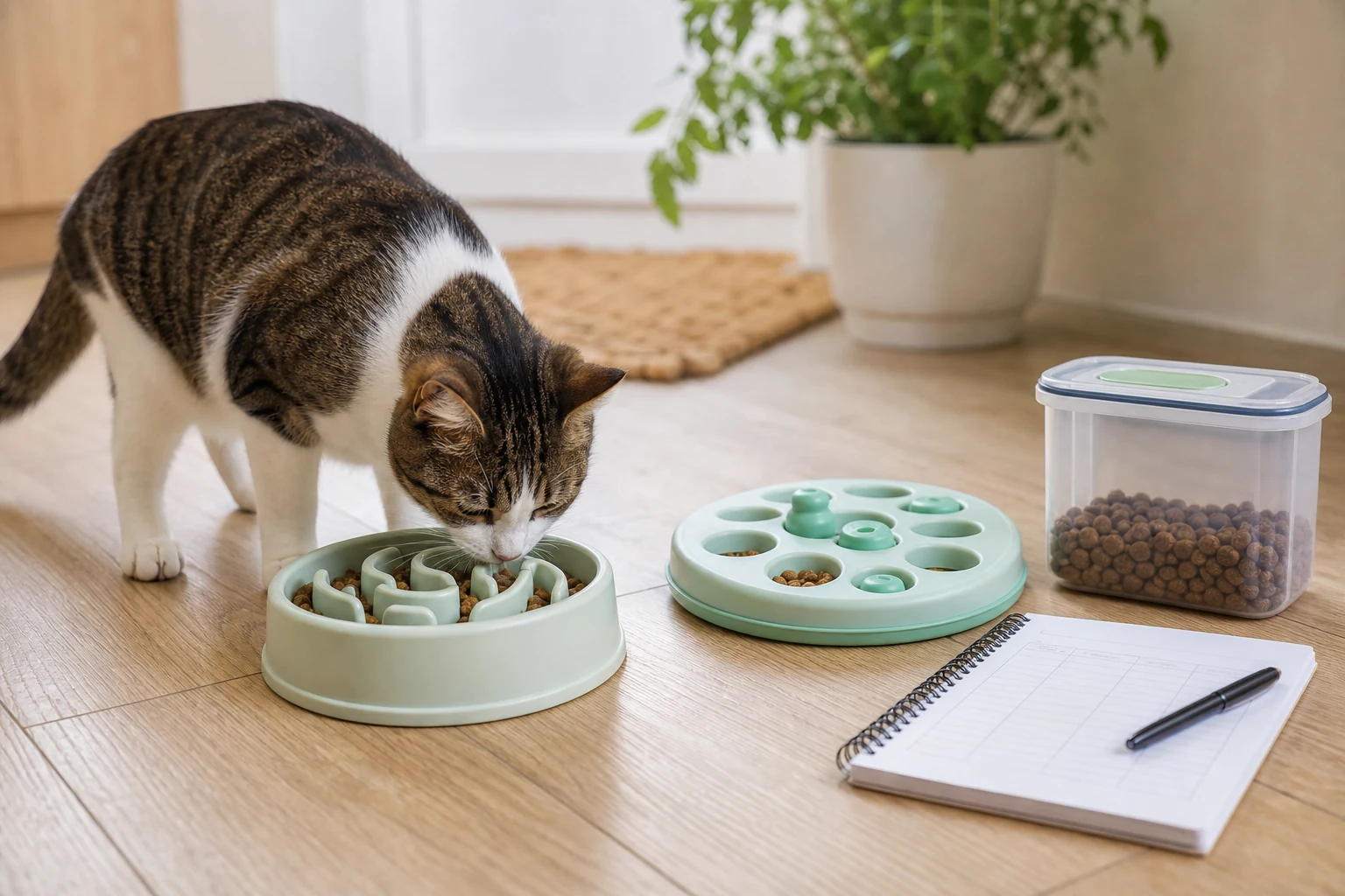 Cat eating from a slow feeder beside a puzzle feeder, dry-food storage container, and simple feeding log.