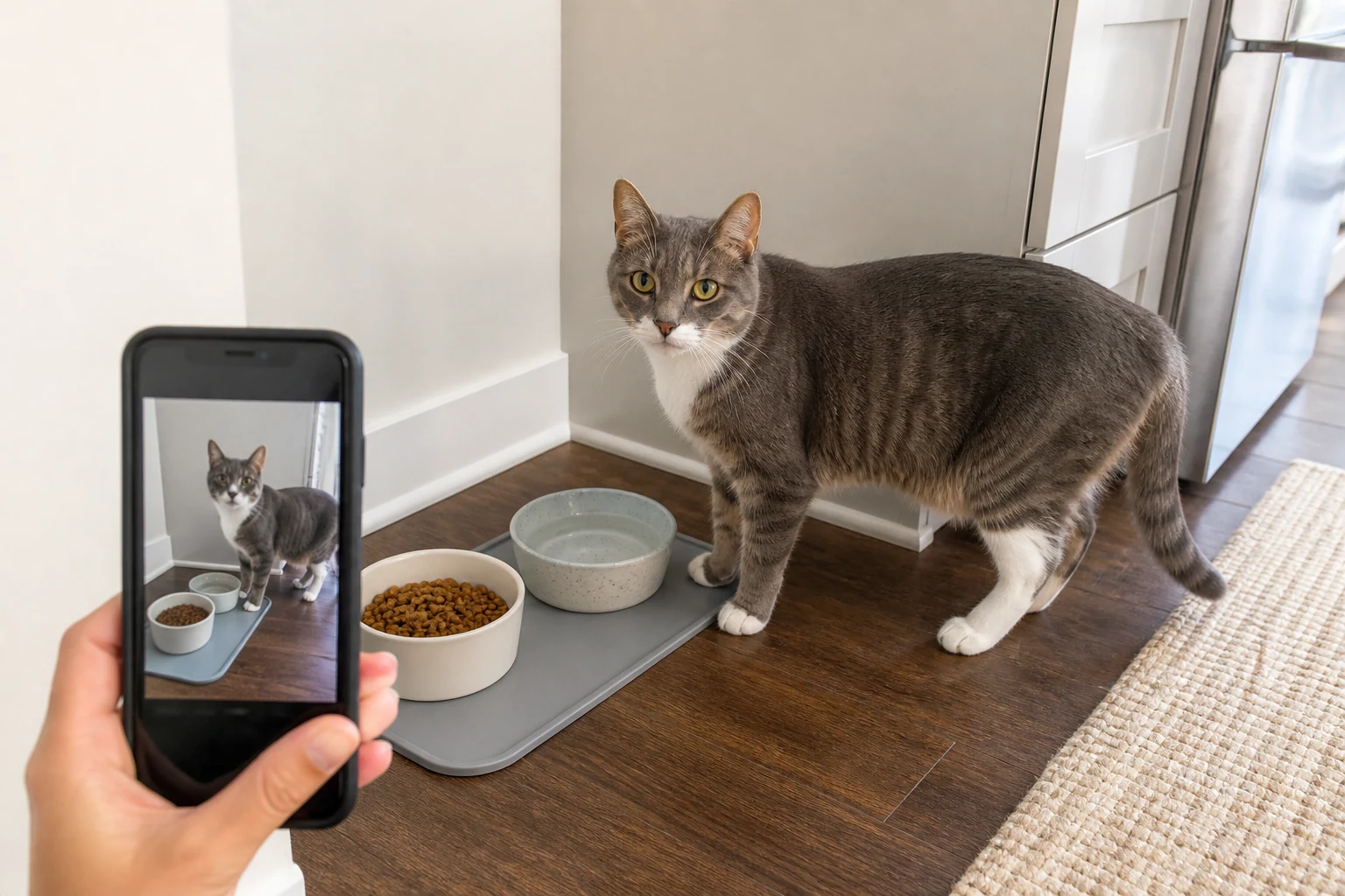 A cat sitter photographs a calm gray cat beside its food and water bowls during a home visit.