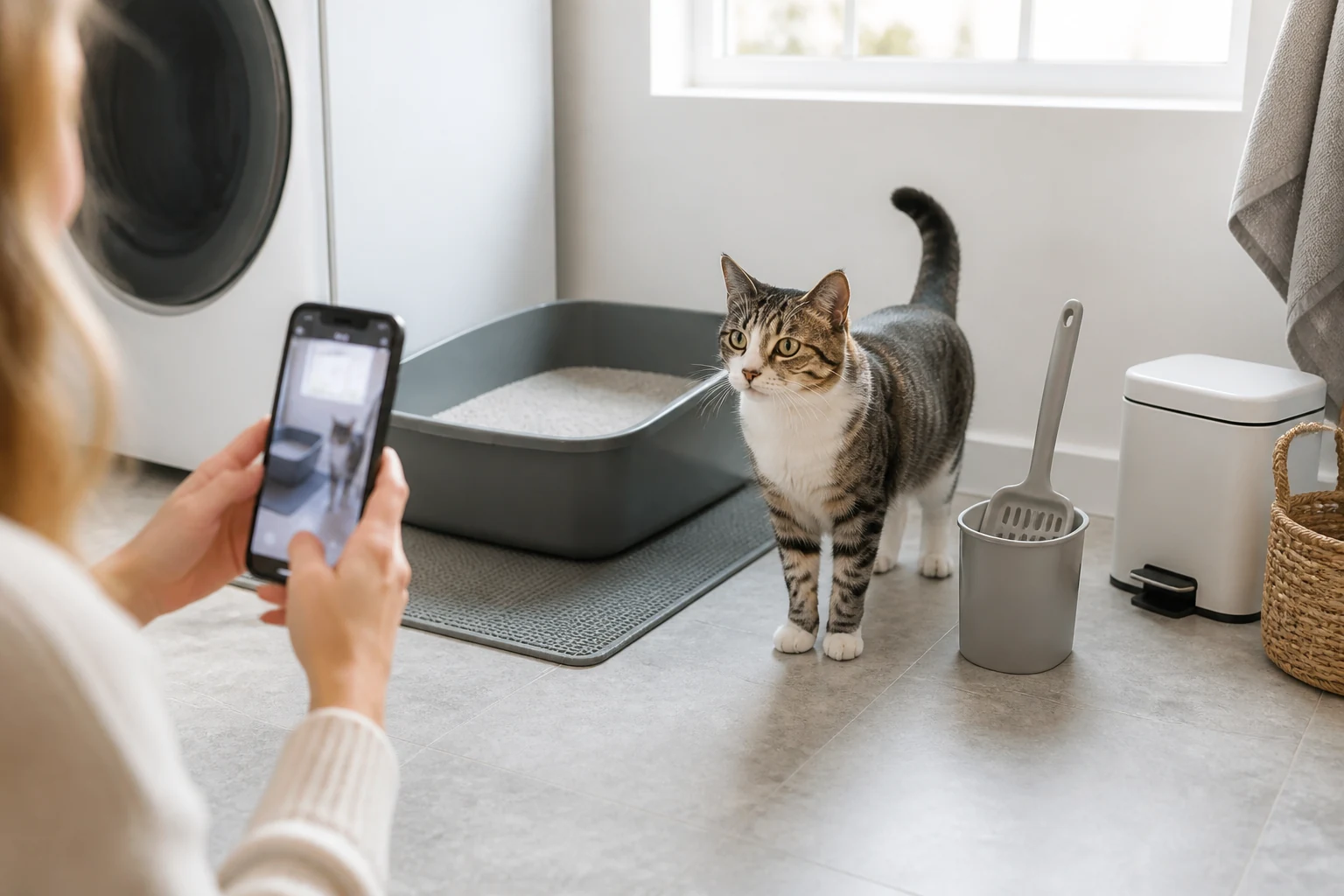 A cat sitter documents a clean litter box setup while a relaxed tabby cat stands nearby in a bright room.