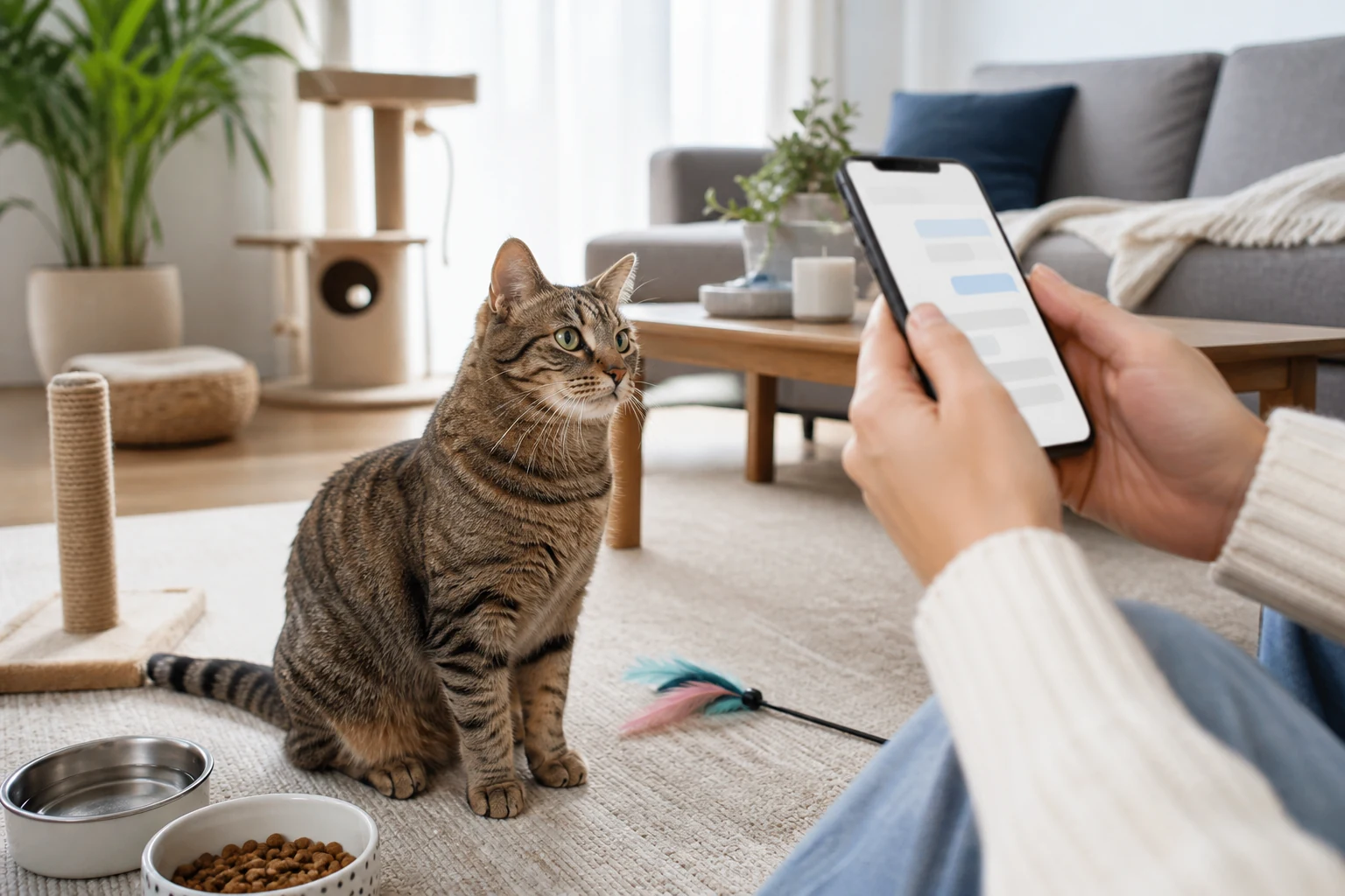 A relaxed tabby cat sits in a tidy living room while a cat sitter sends a visit update from a smartphone.