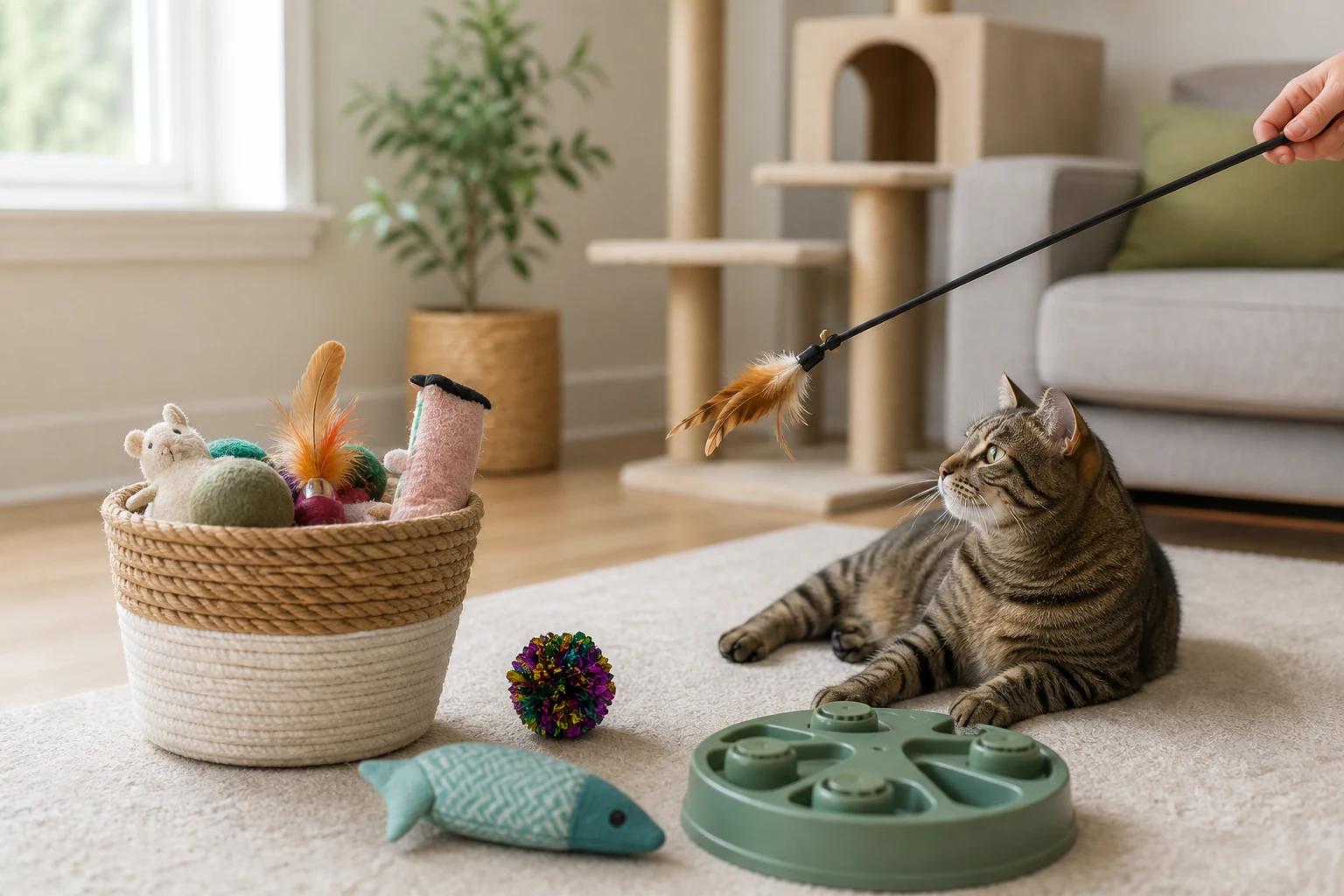 A tabby cat watching a feather wand beside a basket of safe cat toys in a tidy living room.