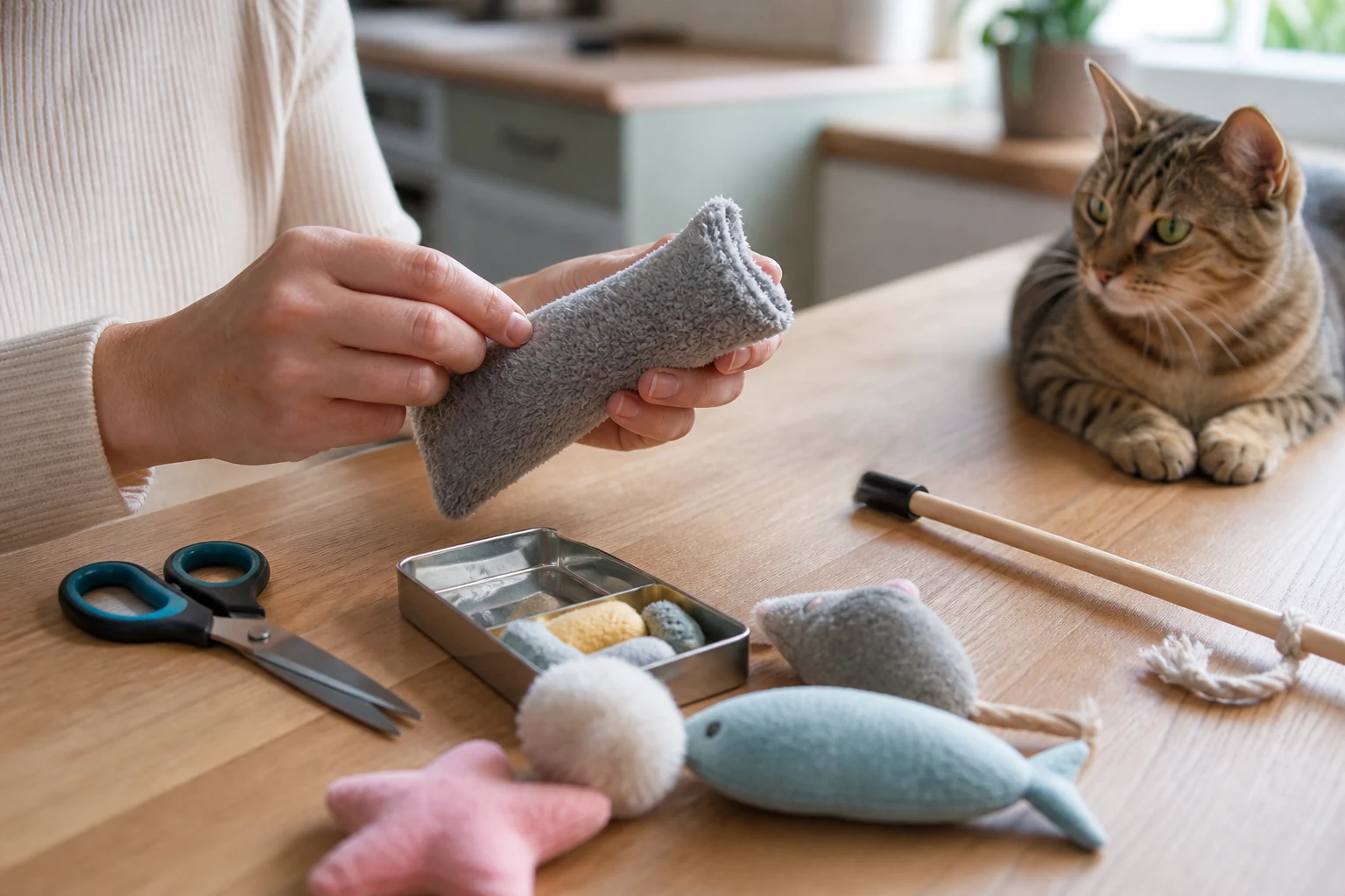 A person checking the seam of a plush cat toy while a cat sits safely nearby.