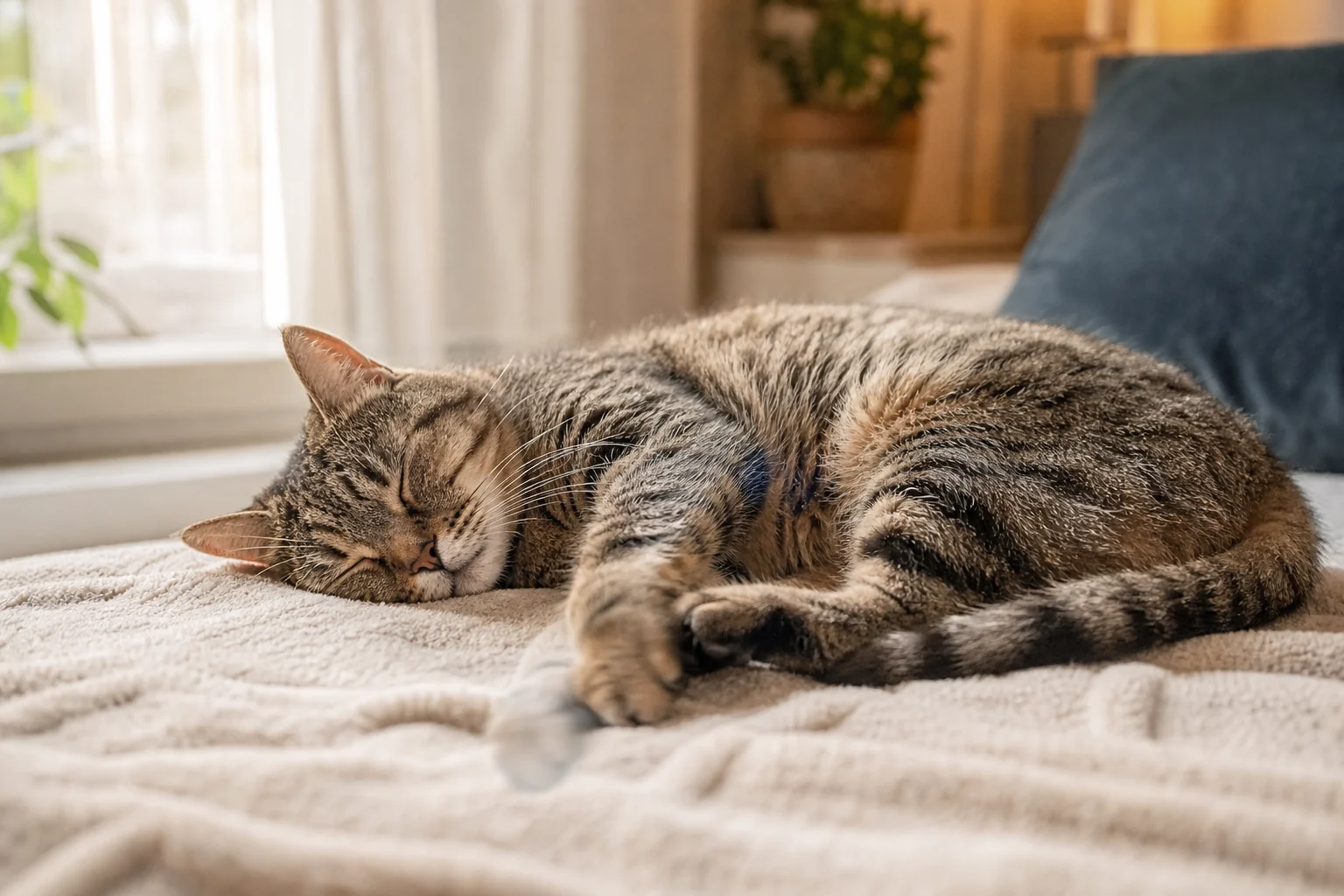 Relaxed tabby cat sleeping on a soft blanket in natural light with one paw slightly blurred as if twitching.