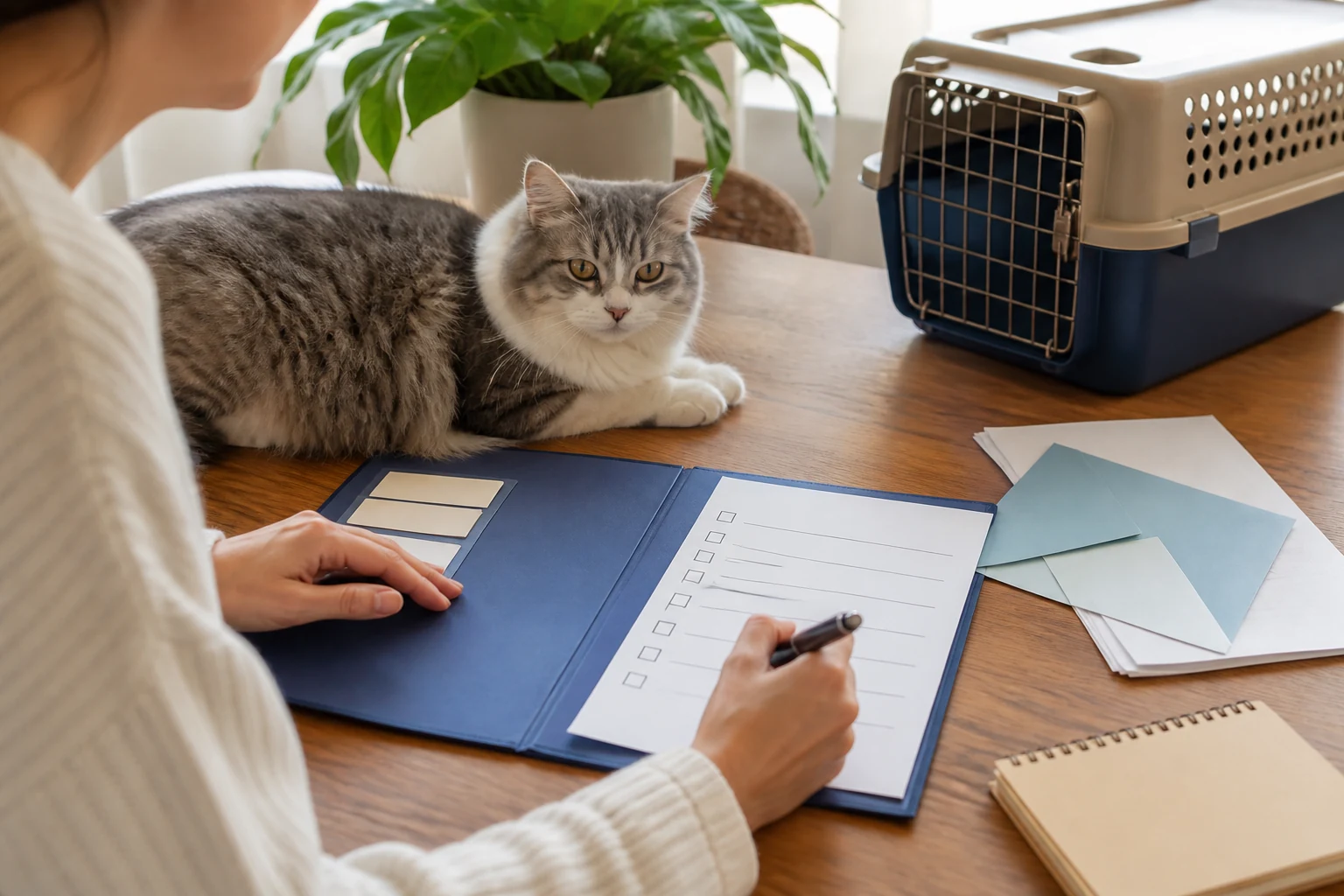 A cat parent organizing a vaccine checklist beside a calm cat and carrier.