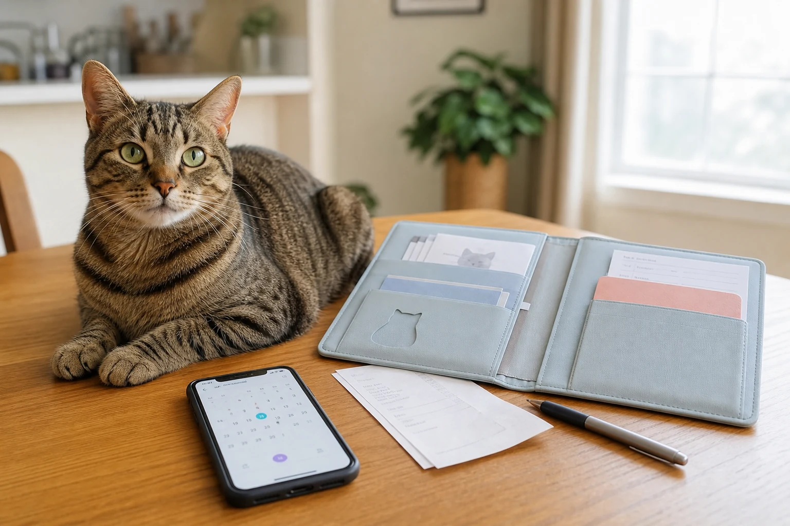 A calm tabby cat beside an organized vaccination record folder and phone calendar reminder.