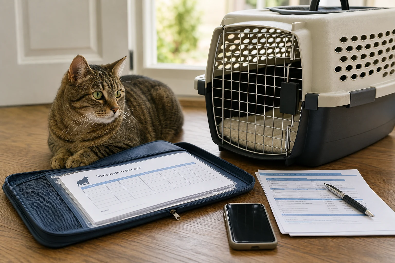A cat carrier and vaccination record folder prepared for travel or boarding.