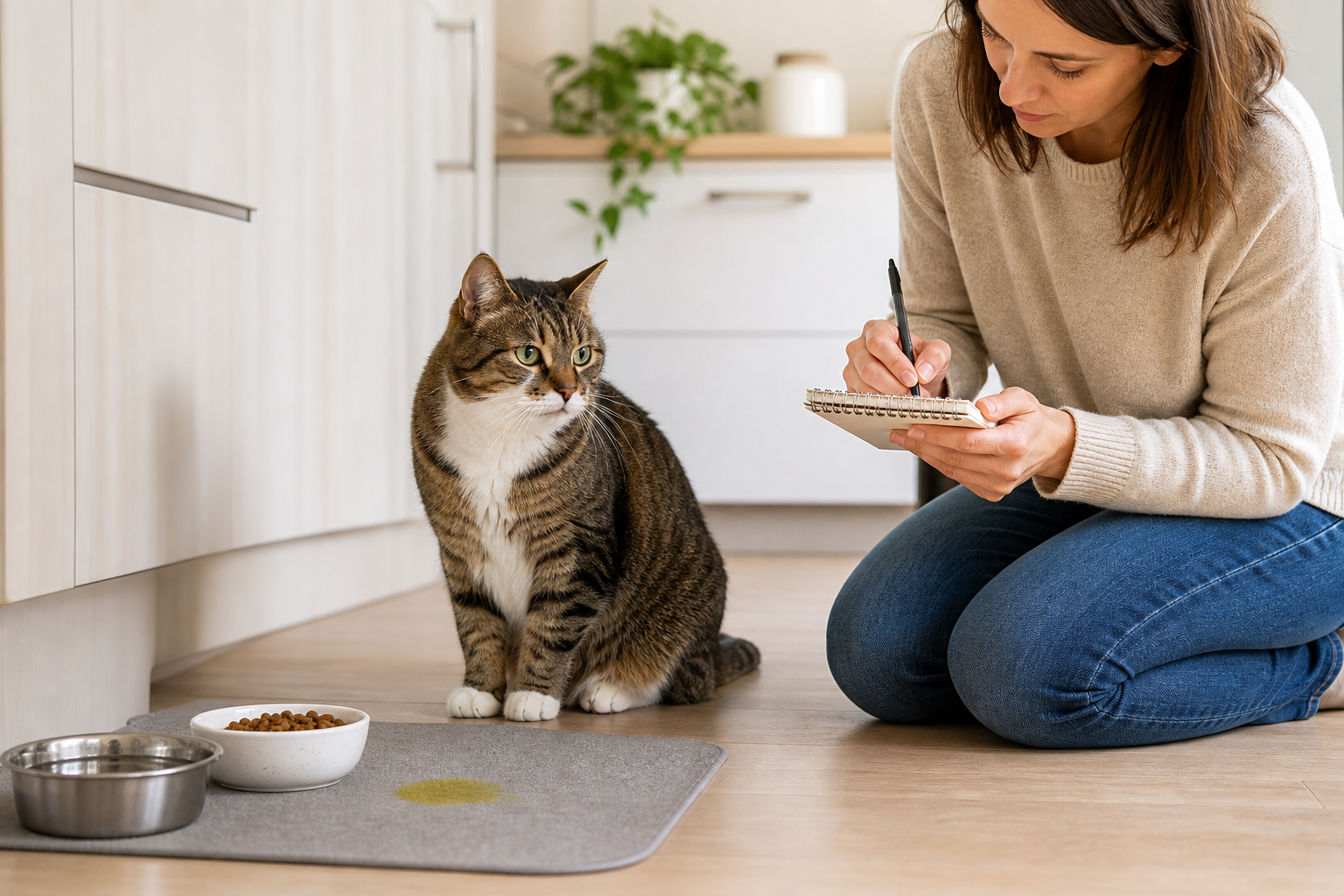 Calm cat parent taking notes beside an alert cat, food bowls, water bowl, and a small yellow fluid spot on a washable mat.