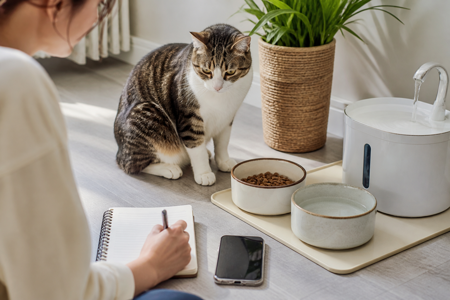 Calm cat near food, water, and a pet fountain while a cat parent records meal timing and vomiting notes.