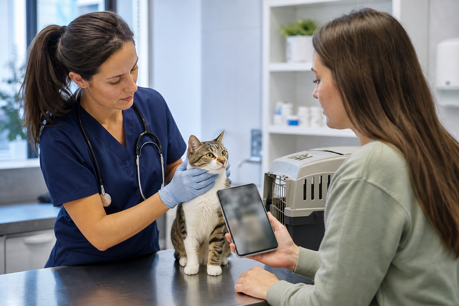 Veterinarian gently examining an alert cat while the cat parent shares notes or a phone video beside a carrier.