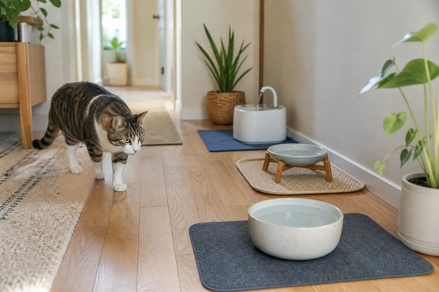 A cat walking toward several water options placed in quiet areas of the home, including a wide bowl and a fountain.