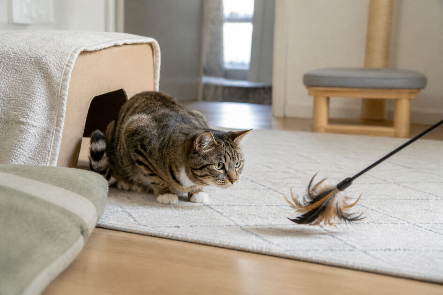 A cautious tabby cat plays with a feather wand near a soft hideaway and open route back to safety.