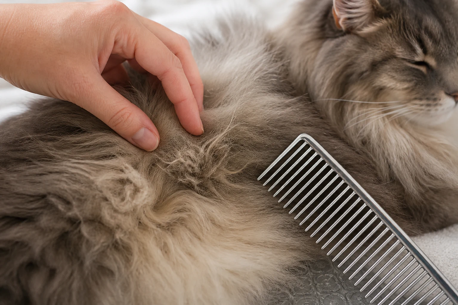 A hand gently separates a small loose tangle in a longhaired cat's coat beside a wide-tooth comb.