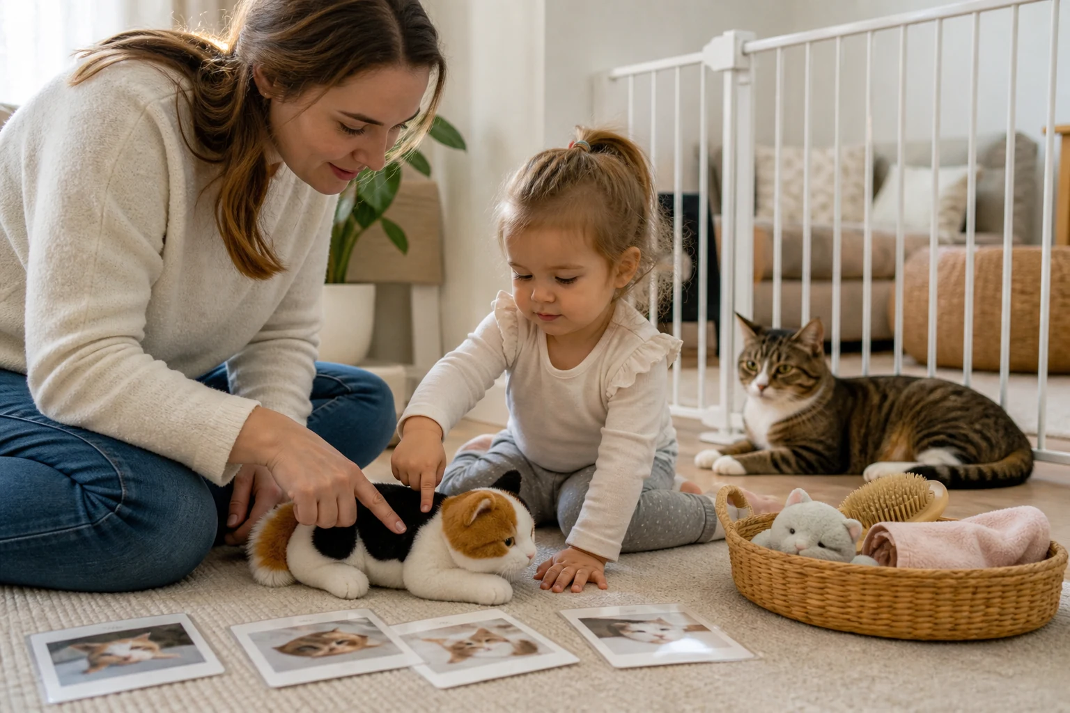A caregiver and toddler practice one-finger gentle stroking on a plush cat while a real cat rests calmly behind a baby gate.