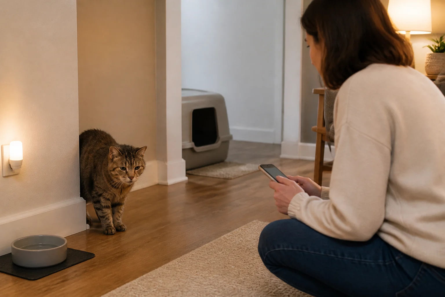 Cat parent calmly observing a senior cat near a room corner with a water bowl, night light, and low-entry litter box nearby.