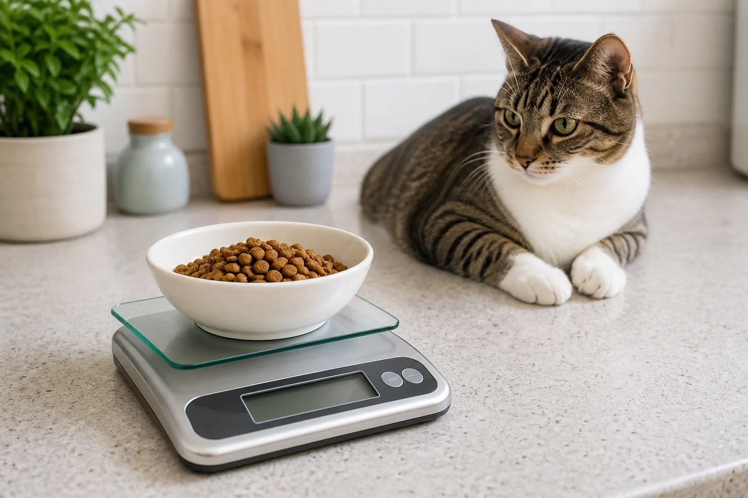 A bowl of dry cat food sitting on a digital kitchen scale while a calm tabby cat watches from a clean kitchen counter.
