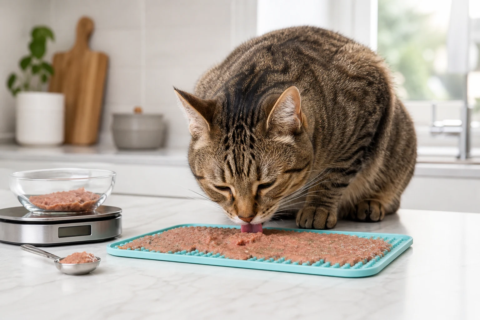 Tabby cat licking measured wet cat food from a blue silicone lick mat on a clean kitchen counter.